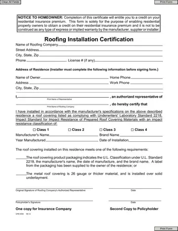 Roofing Installation Certification Form Preview