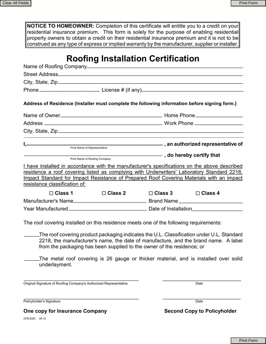 Roofing Installation Certification Form first page preview