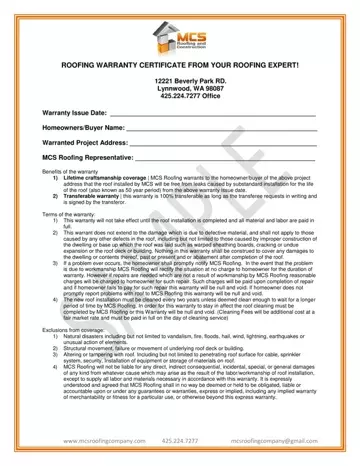 Roofing Warranty Certificate Preview