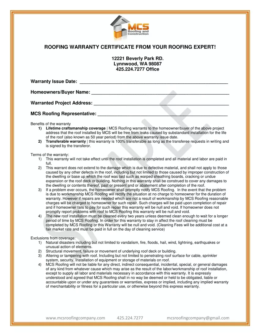 Roofing Warranty Certificate first page preview