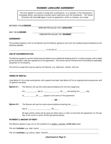 Roomer Landlord Agreement Form Preview