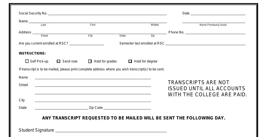 rose state transcript spaces to fill in