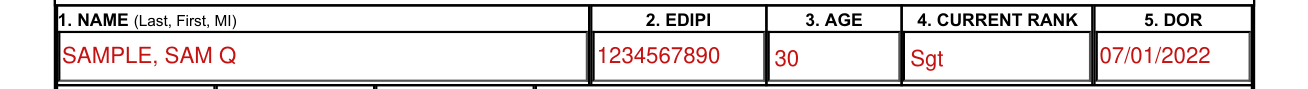 NAVMC 10476 example filled out, 1. Name, 2. EDIPI, 3. Age, 4. Current Rank and 5. DOR