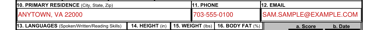 NAVMC 10476 example filled out, 10. Primary Residence, 11. Phone and 12. Email