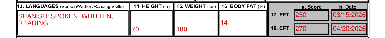 NAVMC 10476 example filled out, 13. Languages, 14. Height, 15. Weight, 16. Body Fat, 17. PFT and 18. CFT