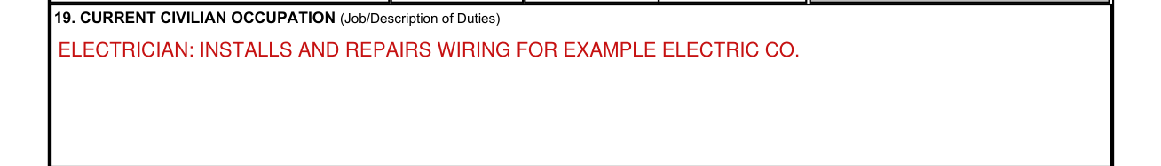 NAVMC 10476 example filled out, 19. Current Civilian Occupation