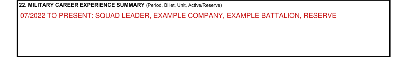 NAVMC 10476 example filled out, 22. Military Career Experience Summary