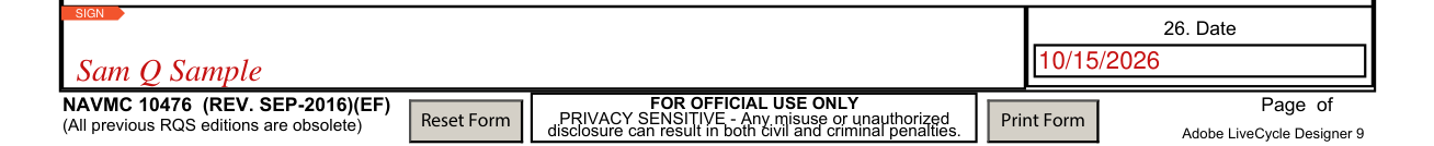 NAVMC 10476 example filled out, 25. Signature and 26. Date Completed