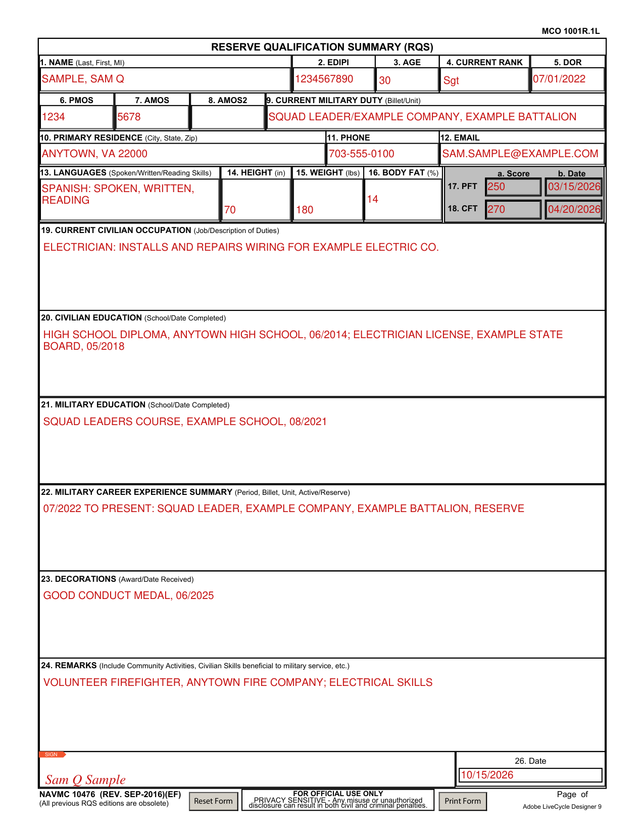 NAVMC 10476 example filled out, example: a reserve sergeant completes the RQS