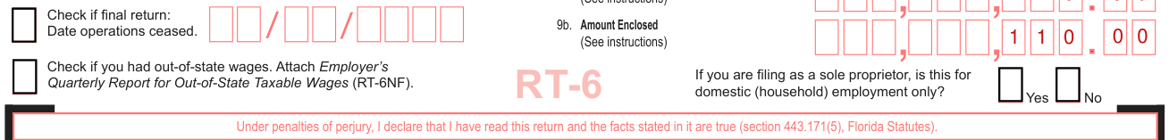 Form RT-6 example filled out, check if final return, out-of-state wages and domestic (household) employment