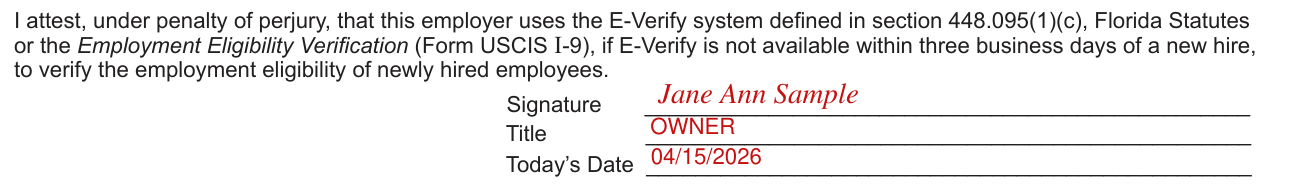 Form RT-6 example filled out, e-Verify Certification