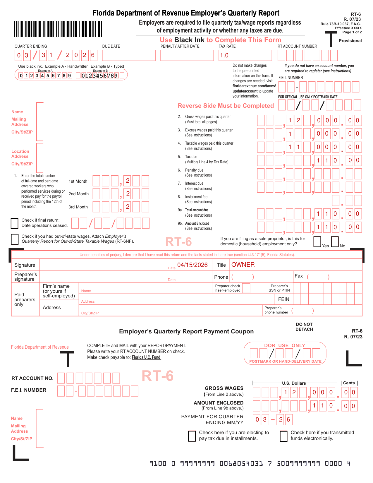 Form RT-6 example filled out, example: a small employer files for one quarter