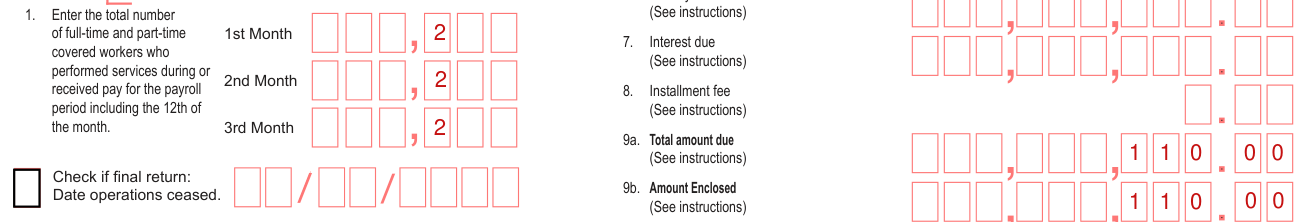 Form RT-6 example filled out, line 1, the covered workers in the 1st Month, 2nd Month and 3rd Month