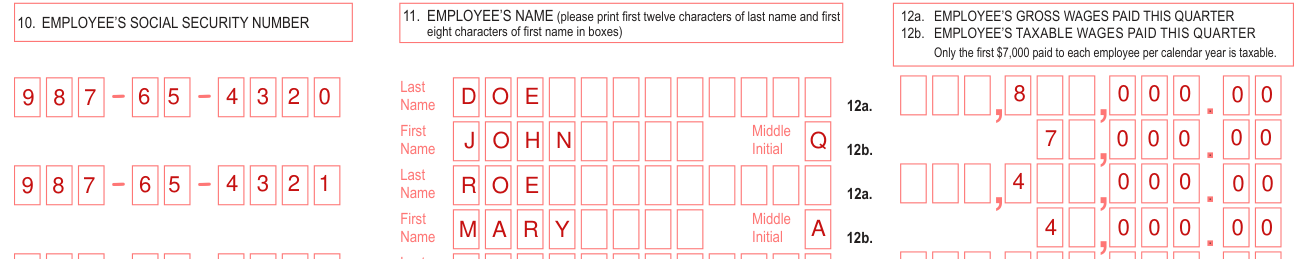 Form RT-6 example filled out, lines 10 and 11, Employee's social security number and name