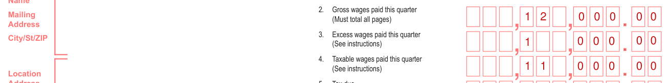 Form RT-6 example filled out, lines 2 to 4, Gross wages, Excess wages and Taxable wages