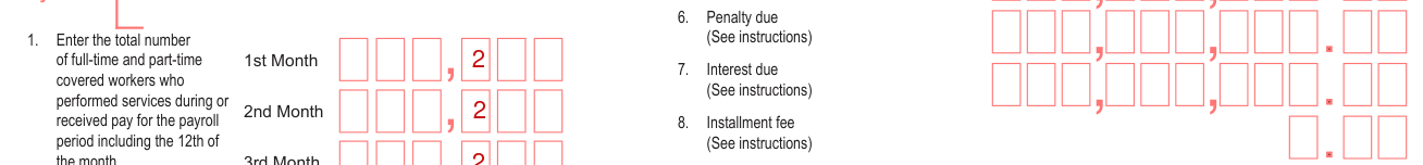 Form RT-6 example filled out, lines 6 to 8, Penalty due, Interest due and Installment fee