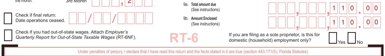 Form RT-6 example filled out, lines 9a and 9b, Total amount due and Amount Enclosed