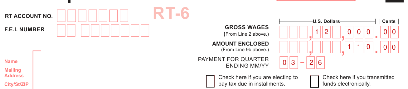 Form RT-6 example filled out, payment Coupon, installments and funds transmitted electronically