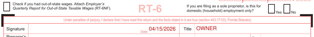Form RT-6 example filled out, under penalties of perjury, signature, Title and Date