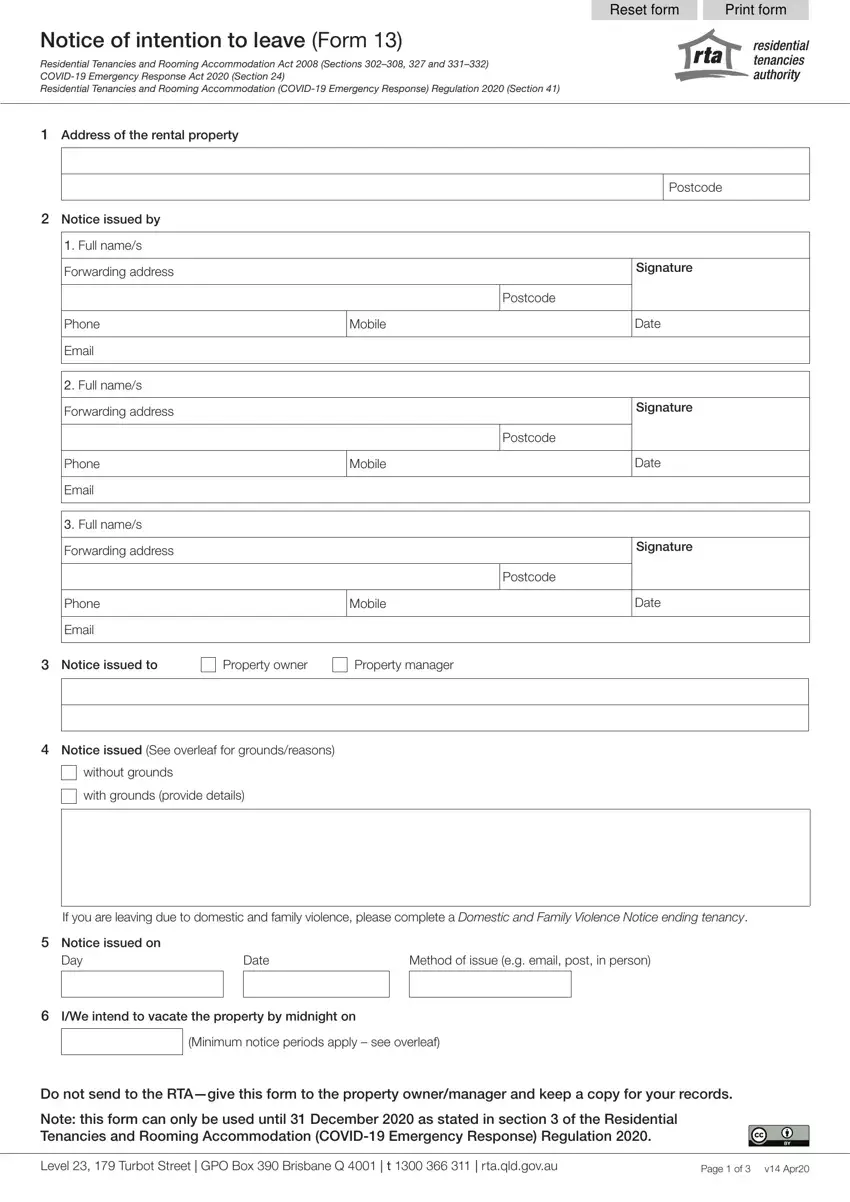 Rta Form 13 first page preview