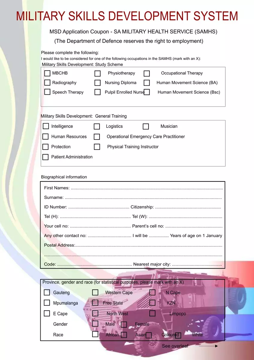Sandf Army Application Form first page preview