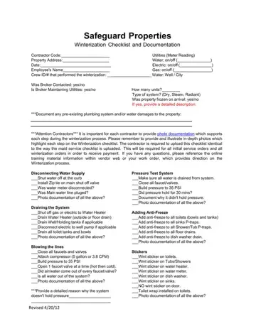 Safeguard Winterization Checklist Form Preview