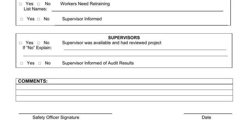 Safety Construction Audit Form cid Yes cid No Workers Need, cid Yes cid No, Supervisor Informed, cid Yes cid No If No Explain, Supervisor was available and had, SUPERVISORS, cid Yes cid No, Supervisor Informed of Audit, COMMENTS, Safety Officer Signature, and Date blanks to fill out