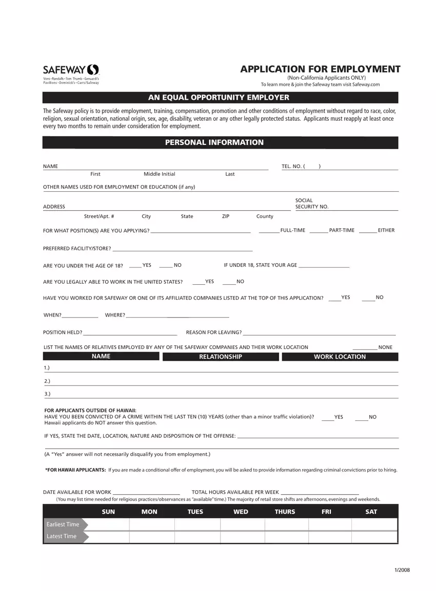 Safeway Job Application first page preview