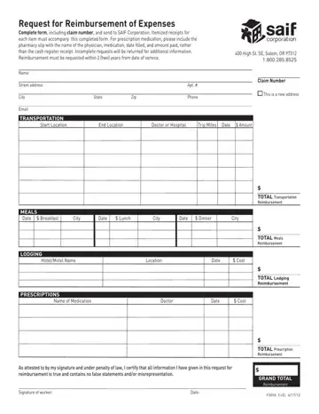 Saif Reimbursement Request Form Preview