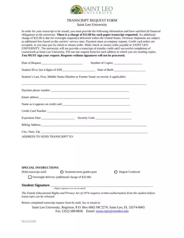Saint Leo Transcript Request Form Preview
