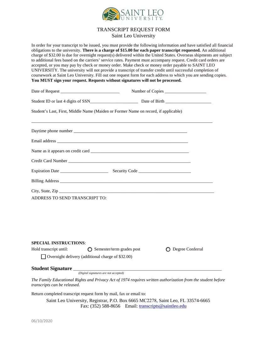 Saint Leo Transcript Request Form first page preview