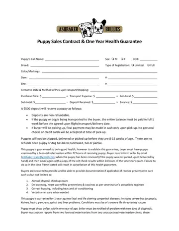 Puppy Sales Guarantee Form Preview