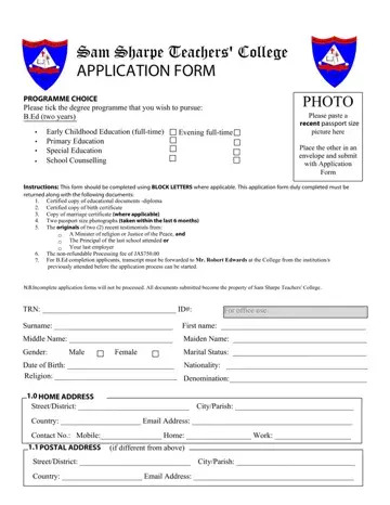 Sam Sharpe Teachers College Application Form Preview