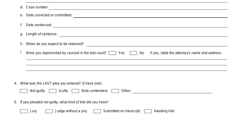 habeas corpus child Case number, Date convicted or committed, Date sentenced, Length of sentence, When do you expect to be released, Were you represented by counsel in, Yes, What was the LAST plea you entered, Not guilty, Guilty, Nolo contendere, Other, If you pleaded not guilty what, Jury, and Judge without a jury fields to fill out