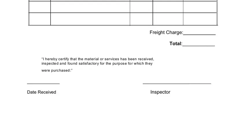 receiving copy template FreightCharge, Total, werepurchased, DateReceived, and Inspector blanks to fill out