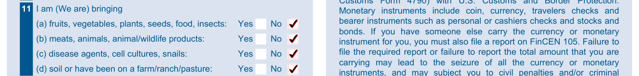 CBP Form 6059B example filled out, 11 What you are bringing