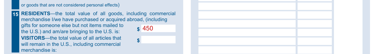 CBP Form 6059B example filled out, 15 RESIDENTS or VISITORS: the total value