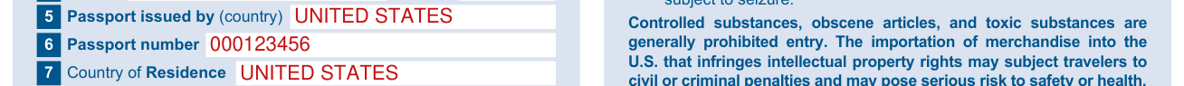 CBP Form 6059B example filled out, 5 Passport issued by (country), 6 Passport number and 7 Country of Residence