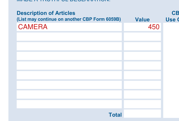 CBP Form 6059B example filled out, description of Articles and Value