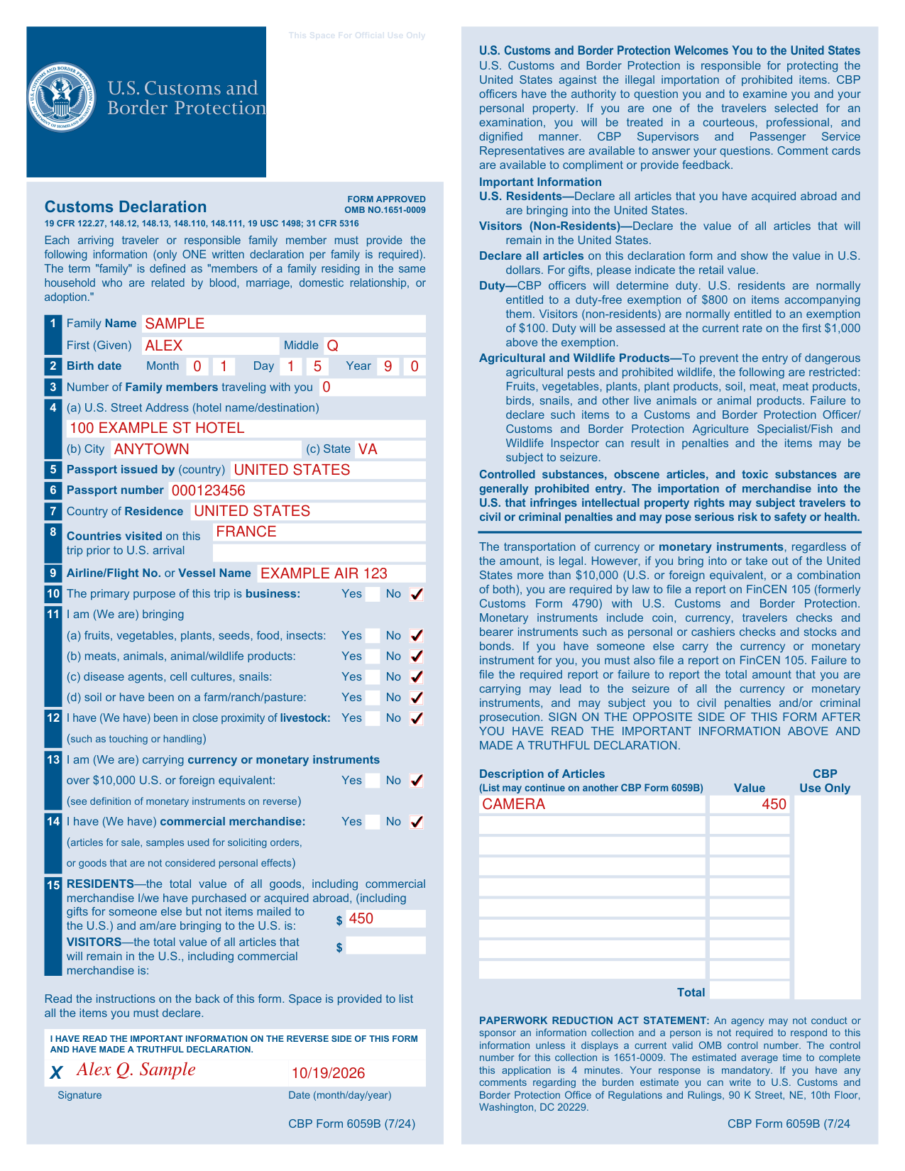 CBP Form 6059B example filled out, example: a U.S. resident returns with one camera