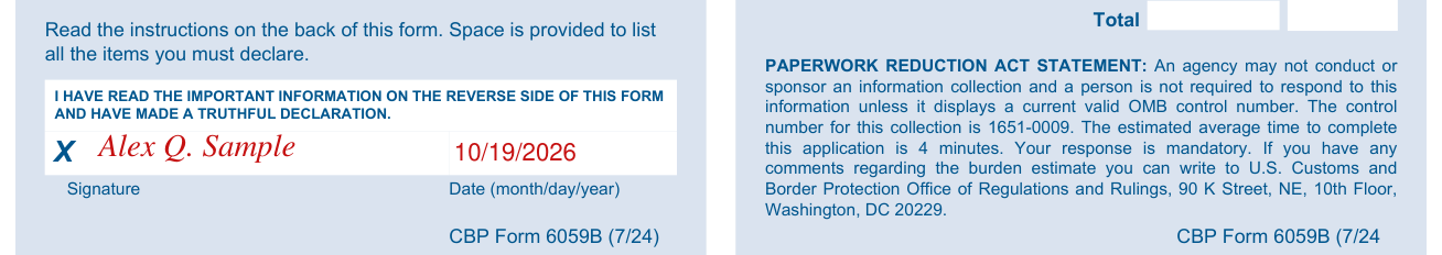 CBP Form 6059B example filled out, signature and Date (month/day/year)