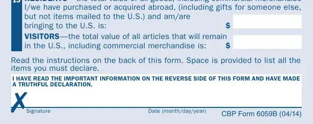 Sample US Customs Declaration Form 6059B - Immihelp