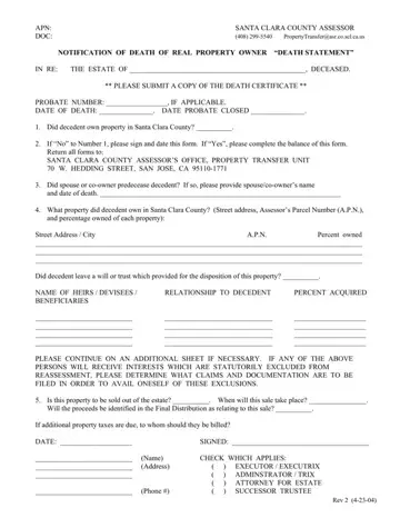 Santa Clara County Death Statement Form Preview