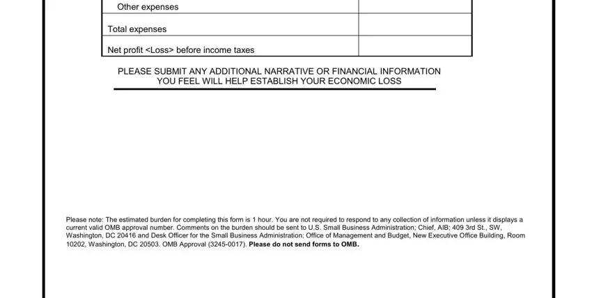 sba eidl form form Other expenses, Total expenses, Net profit Loss before income taxes, PLEASE SUBMIT ANY ADDITIONAL, and Please note The estimated burden blanks to fill out