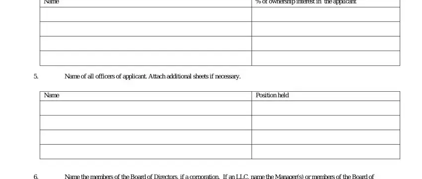sba forms Name, of ownership interest in the, Name of all officers of applicant, Name, Position held, and Name the members of the Board of blanks to complete