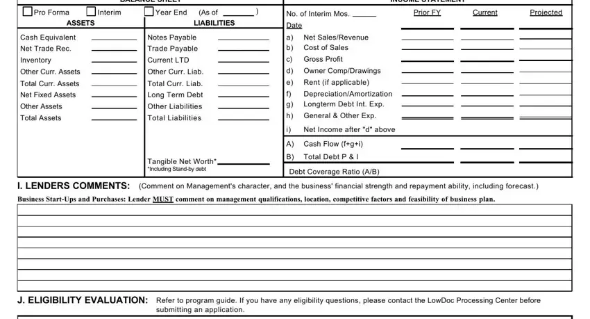 BALANCE SHEET, INCOME STATEMENT, Pro Forma, Interim, Year End, As of, No of Interim Mos, Prior FY, Current, Projected, ASSETS, LIABILITIES, Cash Equivalent, Net Trade Rec, and Inventory in sba forms