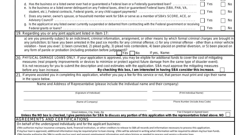 disaster business loan form In the past year has the business, d Has the business or a listed, Is the business or a listed owner, f Does any owner owners spouse or, Advisory Council, Regarding you or any joint, Yes, Yes, Yes, Yes, Yes, a are you presently subject to an, PHYSICAL DAMAGE LOANS ONLY If, By checking this box I am, and If yes Name fields to fill