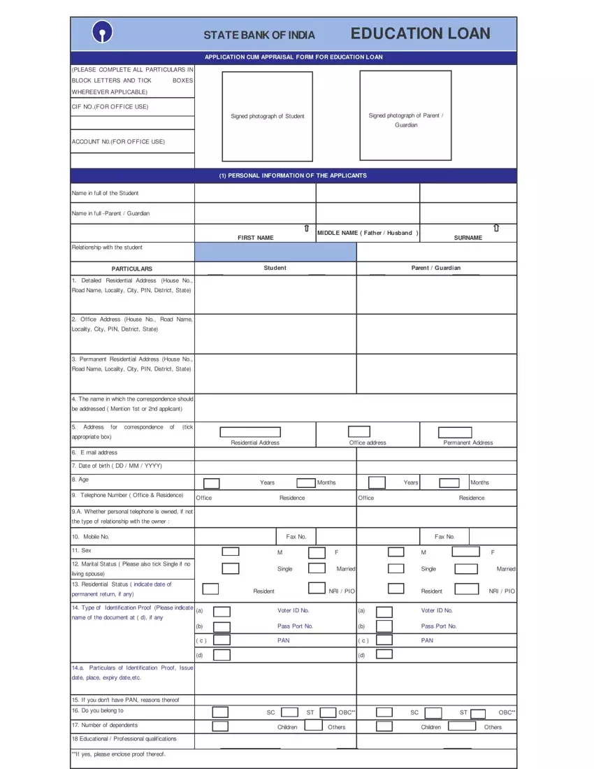 Sbi Education Loan Form first page preview