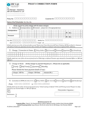 SBI Life Policy Correction Form Preview
