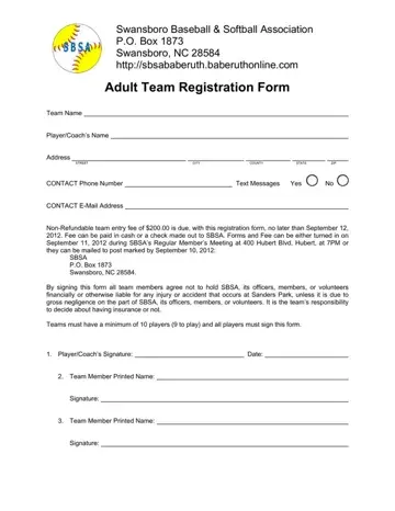 Sbsa Adult Team Registration Form Preview